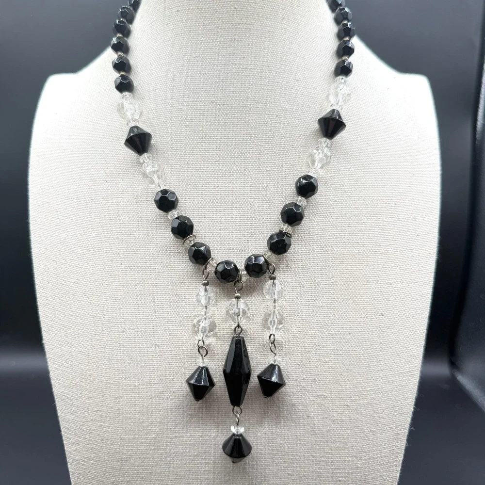 Black Clear Faceted Bead Dangle Statement Necklace Gothic Art Deco Style Gift